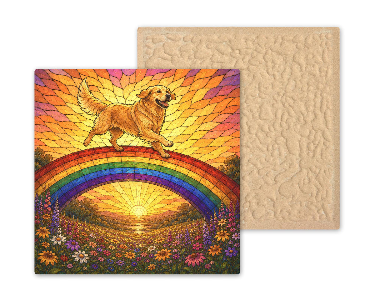Golden Retriever Memorial Wall Art Ceramic Tile Stained Glass Style Rainbow Bridge Dog Remembrance Pet Loss Meadow Art