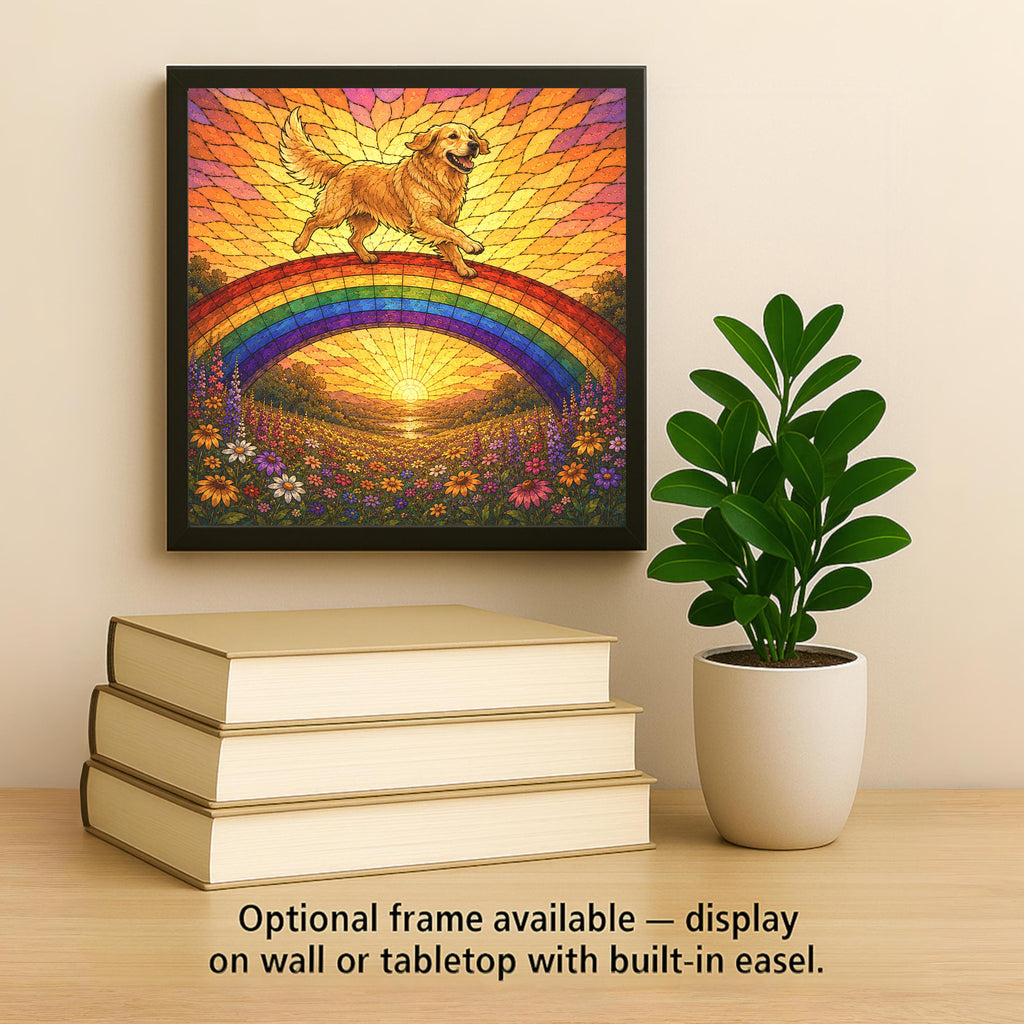 Golden Retriever Memorial Wall Art Ceramic Tile Stained Glass Style Rainbow Bridge Dog Remembrance Pet Loss Meadow Art