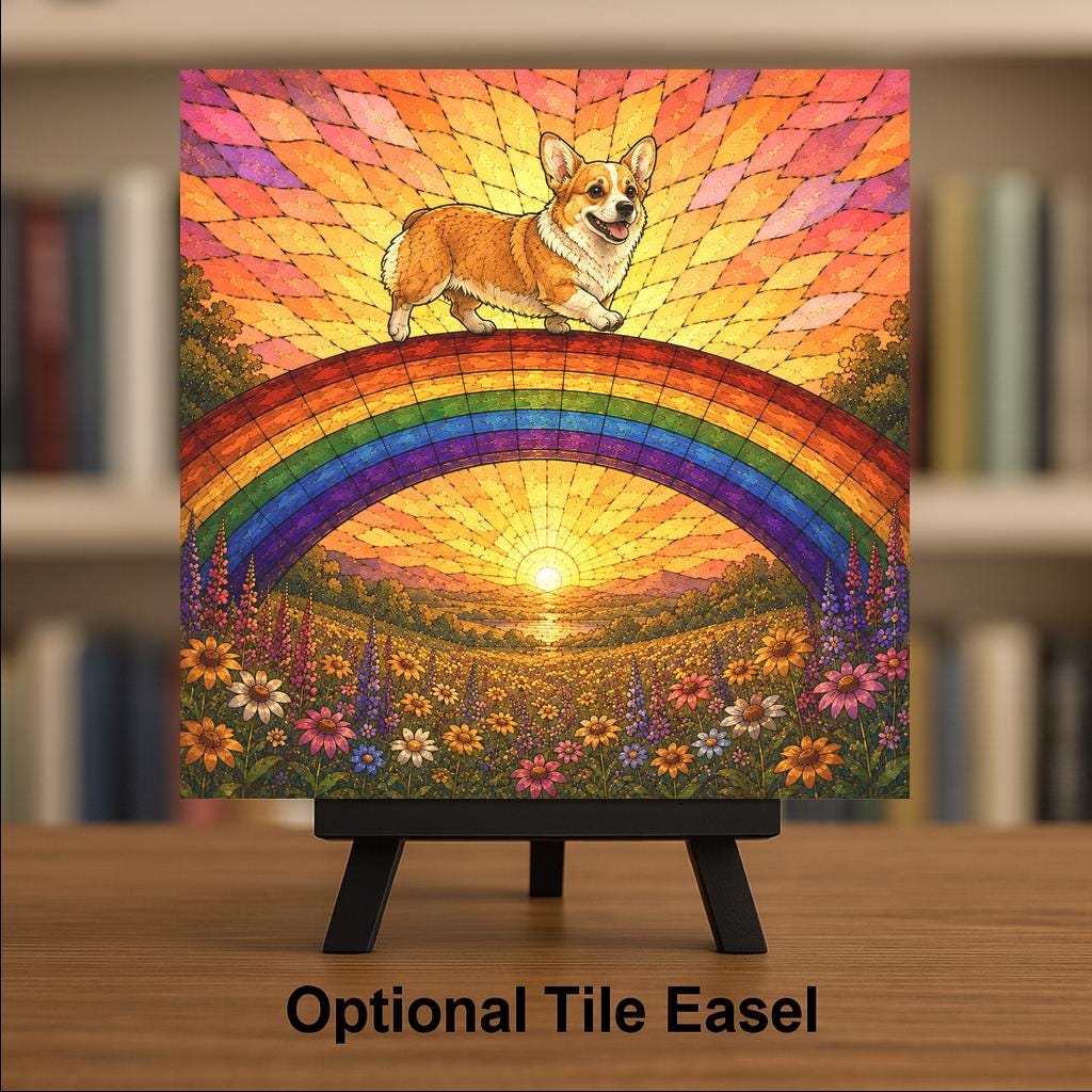Corgi Memorial Wall Art Ceramic Tile Stained Glass Style Rainbow Bridge Dog Remembrance Pet Loss Sunset Meadow Art