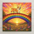 Stained glass style ceramic tile of a joyful corgi with big upright ears trotting across a rainbow bridge over a golden meadow at sunset