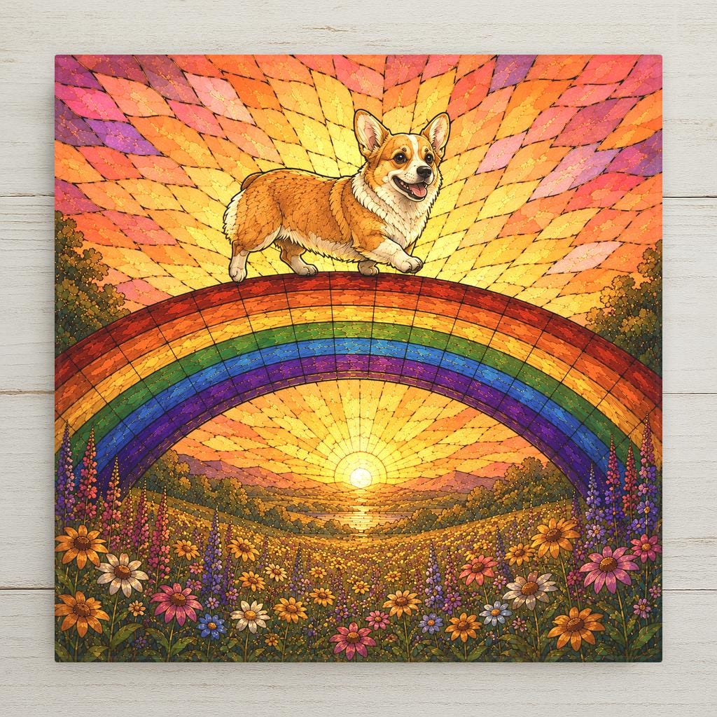 Stained glass style ceramic tile of a joyful corgi with big upright ears trotting across a rainbow bridge over a golden meadow at sunset