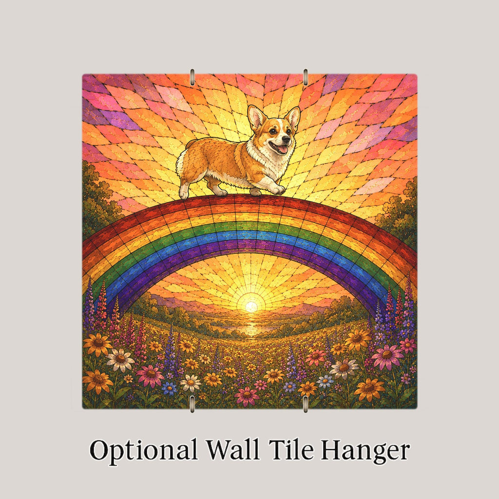 Corgi Memorial Wall Art Ceramic Tile Stained Glass Style Rainbow Bridge Dog Remembrance Pet Loss Sunset Meadow Art