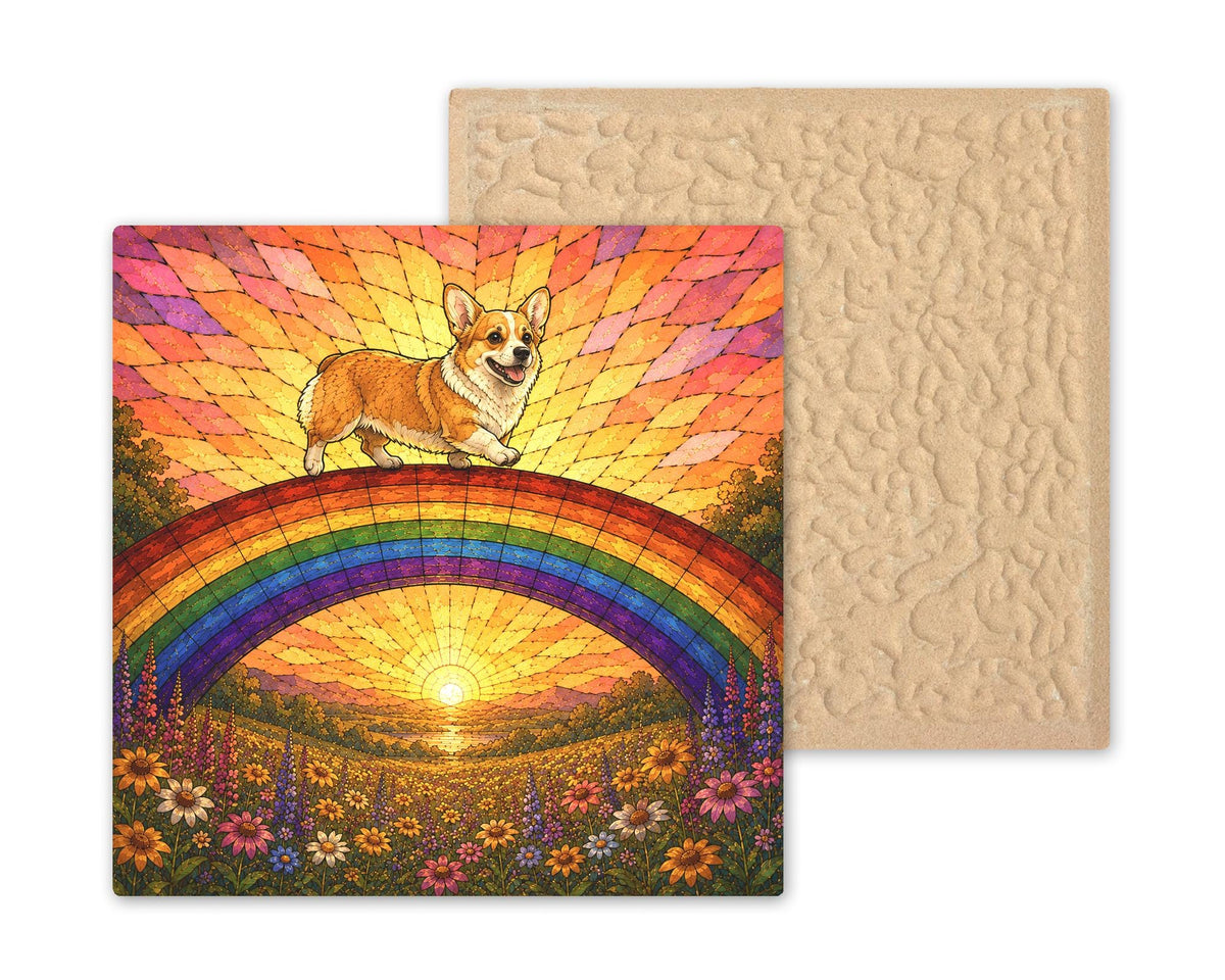 Corgi Memorial Wall Art Ceramic Tile Stained Glass Style Rainbow Bridge Dog Remembrance Pet Loss Sunset Meadow Art