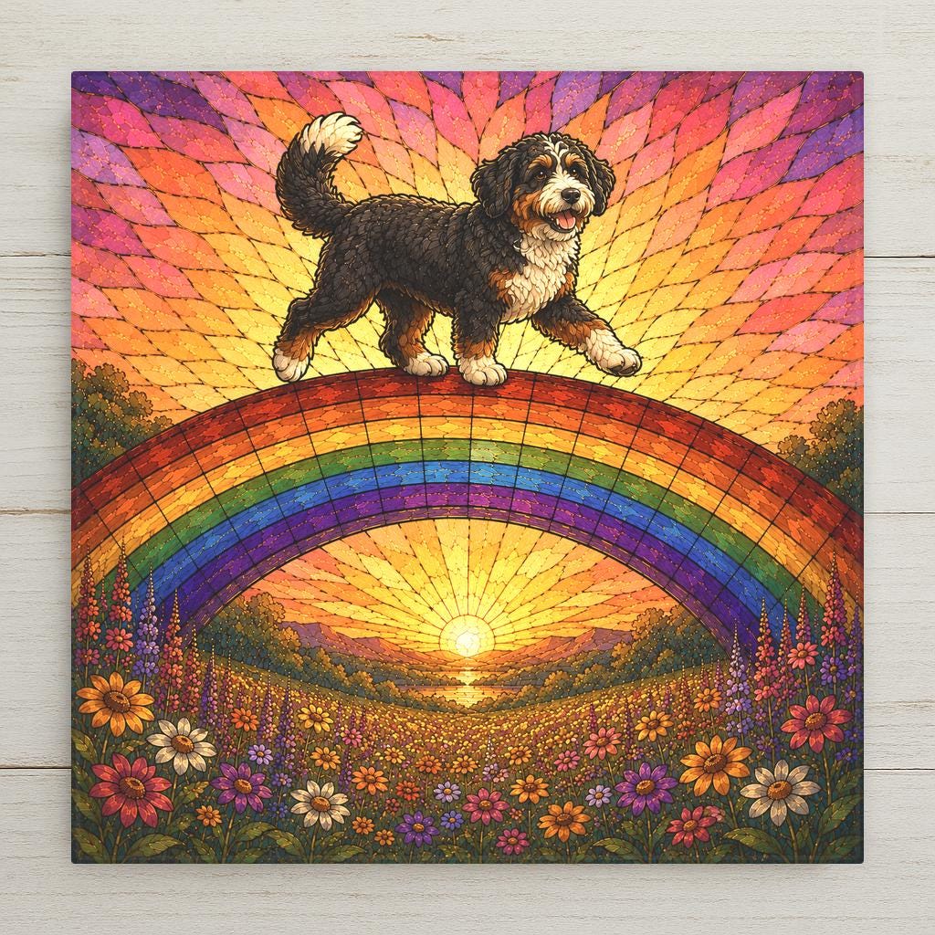 Stained glass style ceramic tile of a joyful curly tricolor bernedoodle trotting across a rainbow bridge over a golden meadow