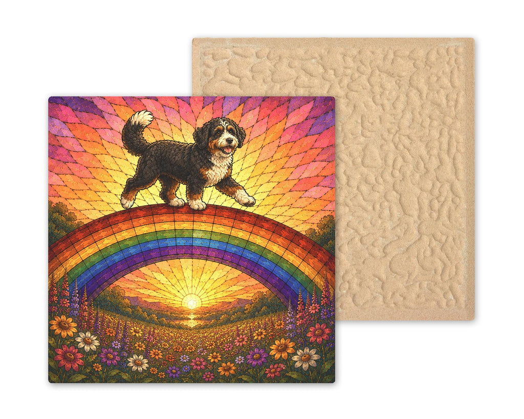 Bernedoodle Memorial Wall Art Ceramic Tile Stained Glass Style Rainbow Bridge Dog Remembrance Pet Loss Meadow Art