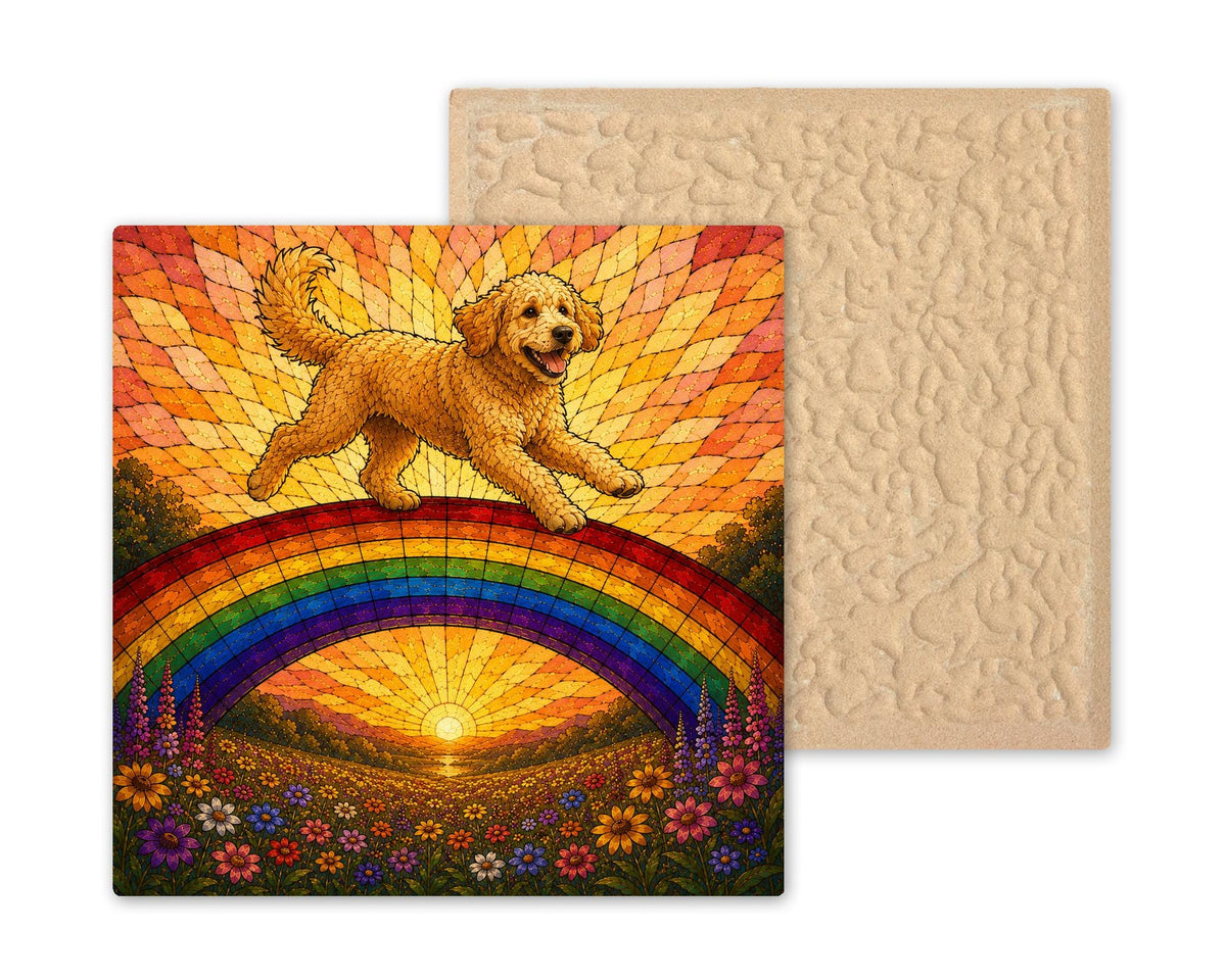 Goldendoodle Memorial Wall Art Ceramic Tile Stained Glass Style Rainbow Bridge Dog Remembrance Pet Loss Meadow Art