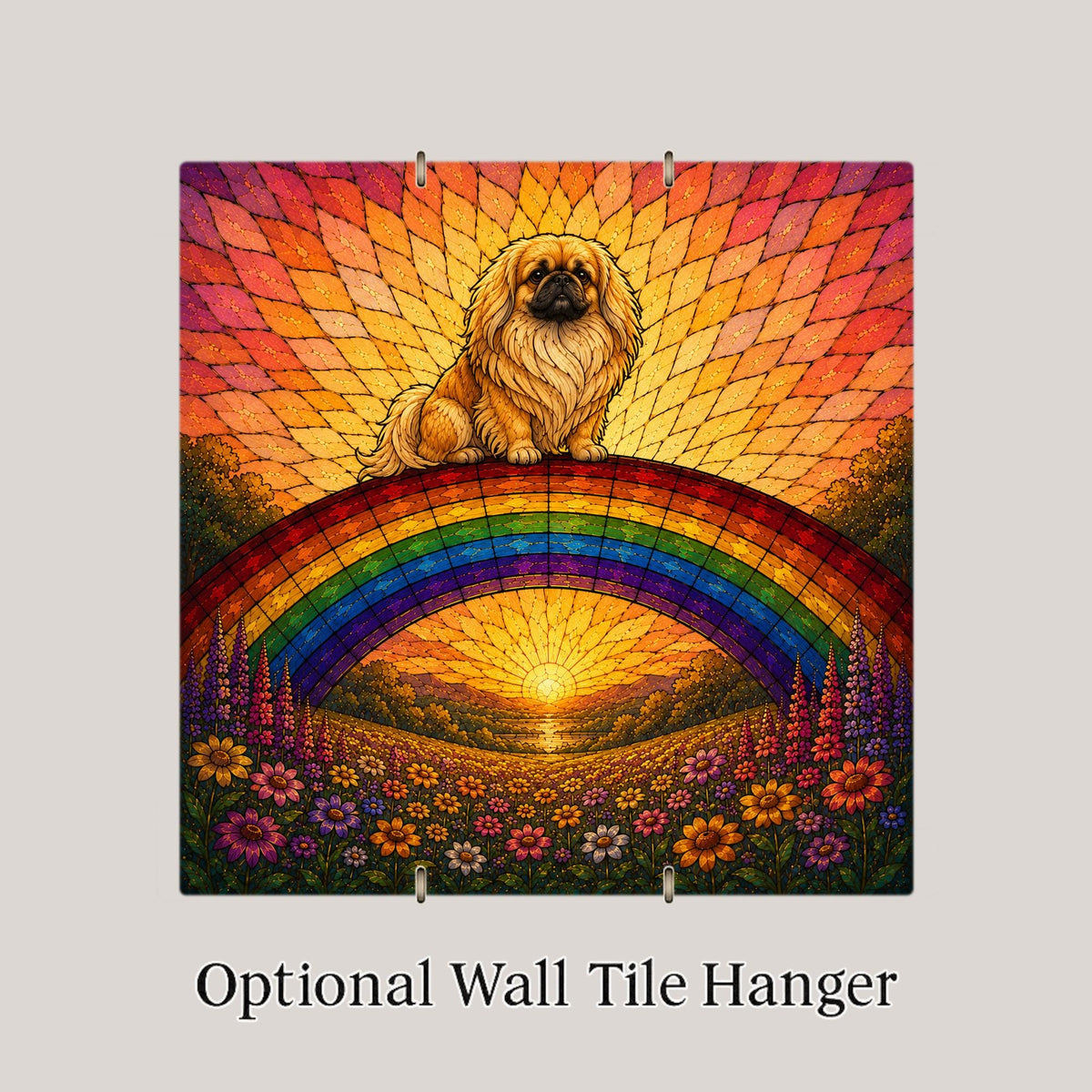 Pekingese Memorial Wall Art Ceramic Tile Stained Glass Style Rainbow Bridge Dog Remembrance Pet Loss Meadow Art