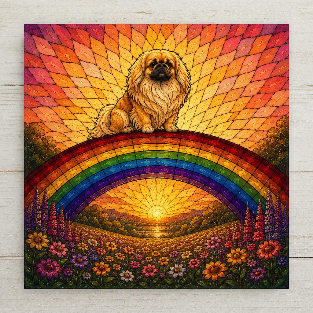 Stained glass style ceramic tile of a dignified pekingese with a flowing golden mane sitting regally at the crest of a rainbow bridge