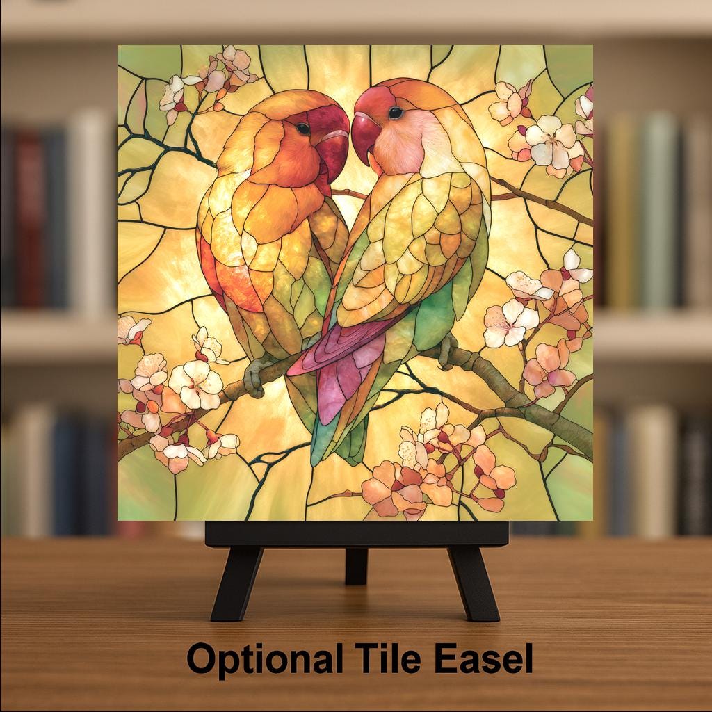 Lovebirds Wall Art Ceramic Tile Stained Glass Style 2nd Anniversary China Keepsake Golden Birds Wedding Decor