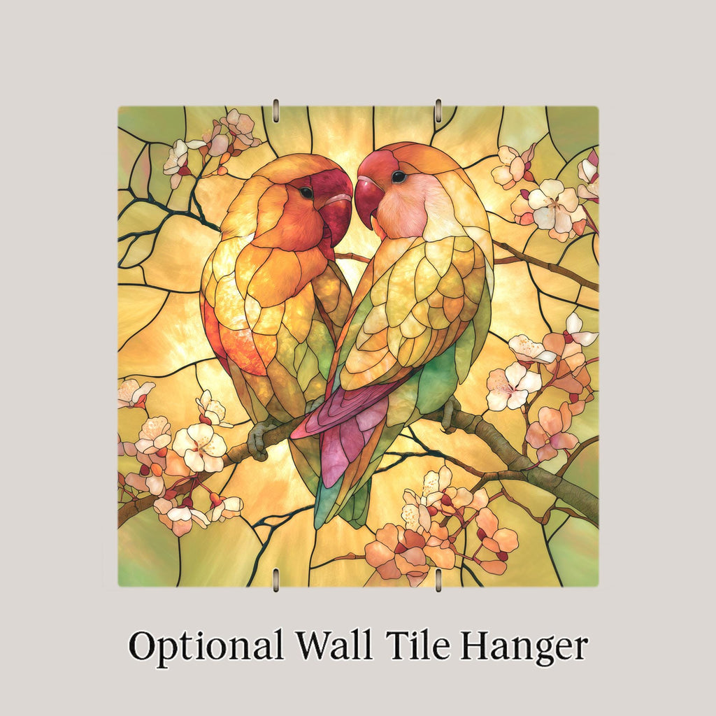 Lovebirds Wall Art Ceramic Tile Stained Glass Style 2nd Anniversary China Keepsake Golden Birds Wedding Decor