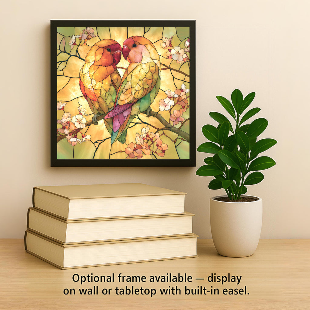 Lovebirds Wall Art Ceramic Tile Stained Glass Style 2nd Anniversary China Keepsake Golden Birds Wedding Decor