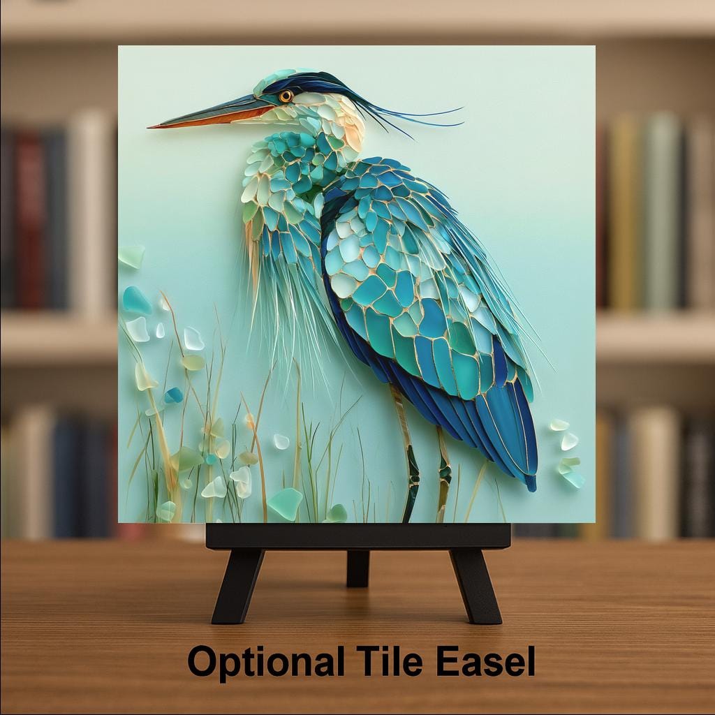 Blue Heron Wall Art Ceramic Tile Sea Glass Style Coastal Bird Decor Beach House Wading Bird Turquoise Nature Art