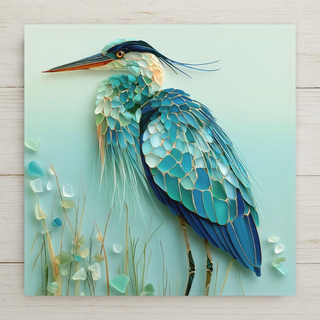 Sea glass style ceramic tile of an elegant blue heron standing among reeds, its feathers made of smooth turquoise, teal, and seafoam glass pieces