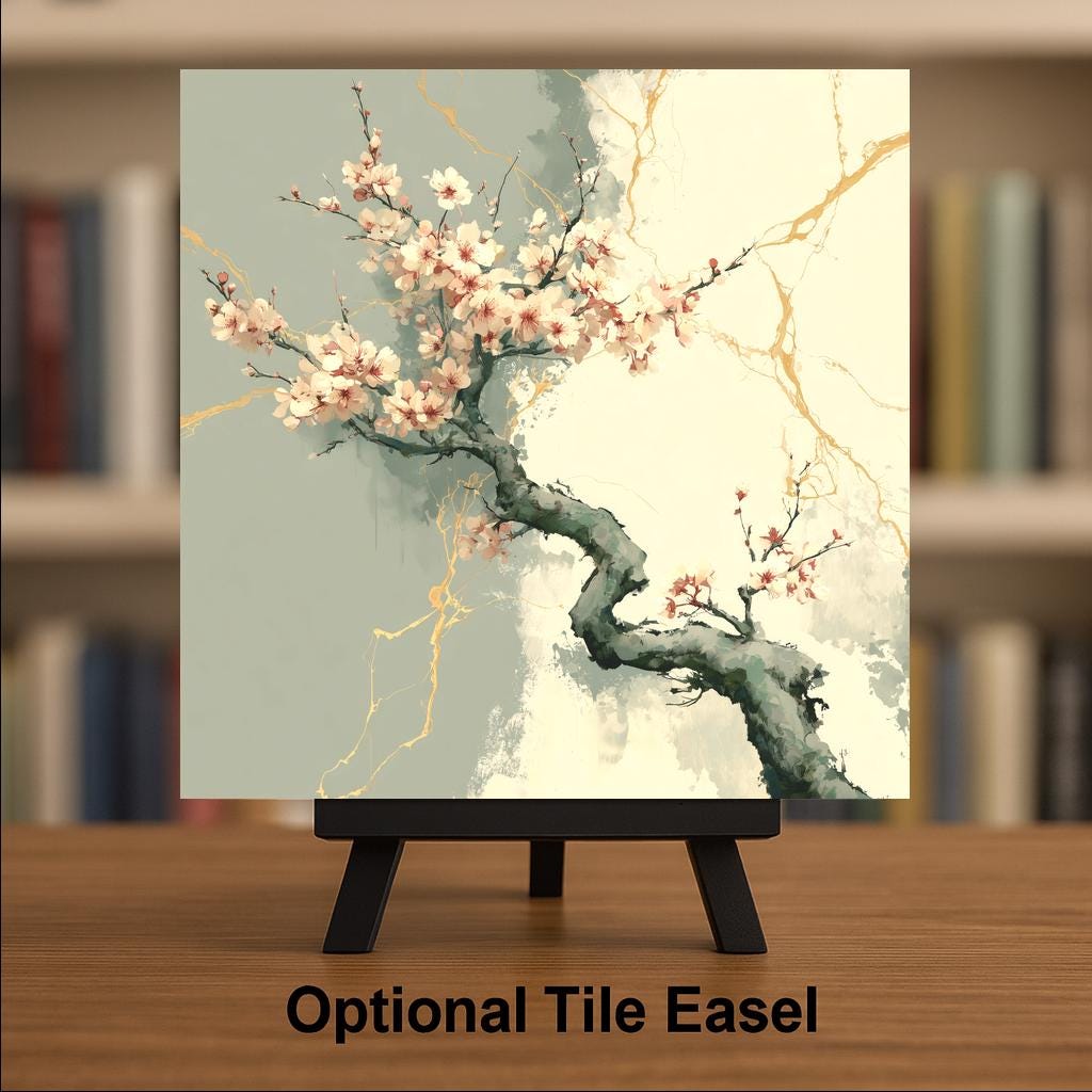 Wabi Sabi Wall Art Ceramic Tile Japandi Zen Decor Kintsugi Cherry Blossom Branch Gold Minimalist Japanese Art