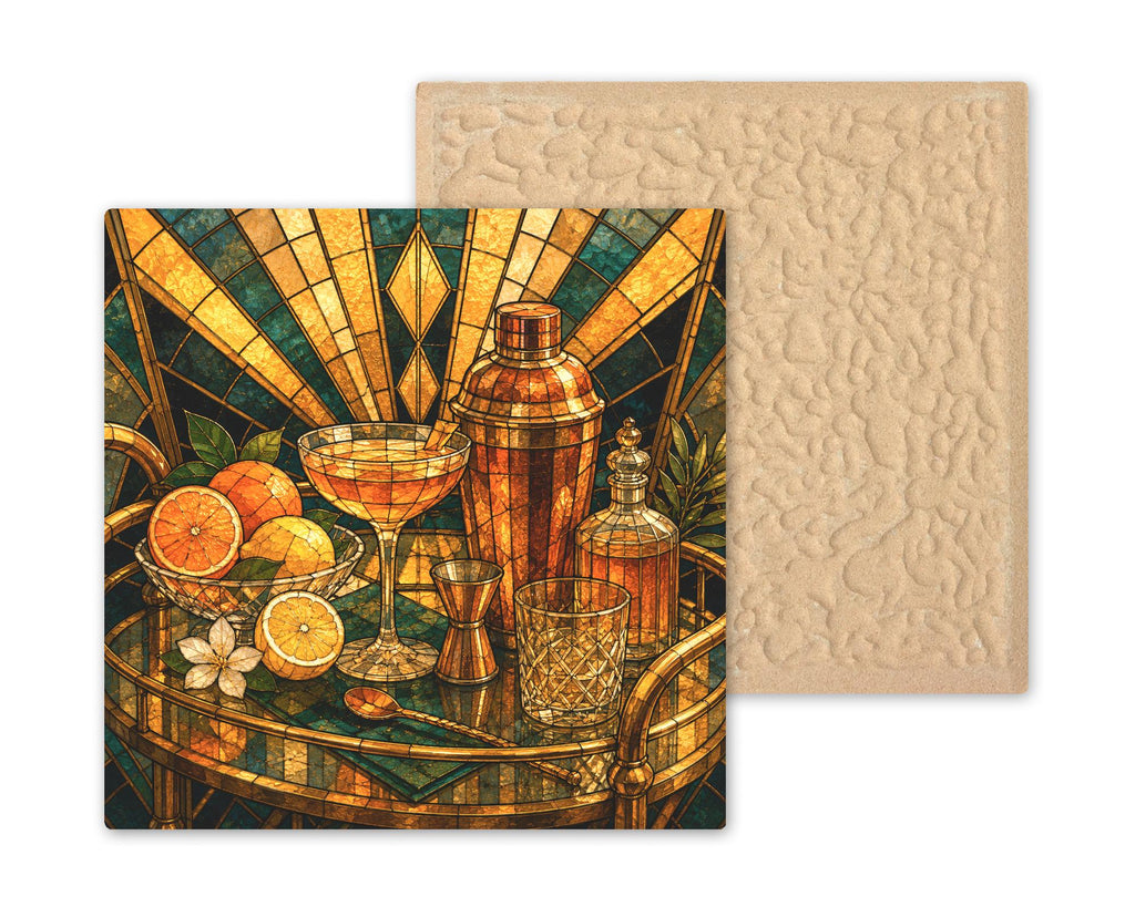 Bar Cart Wall Art Ceramic Tile Stained Glass Style Cocktail Hosting Decor Kitchen Bar Golden Hour Citrus Art