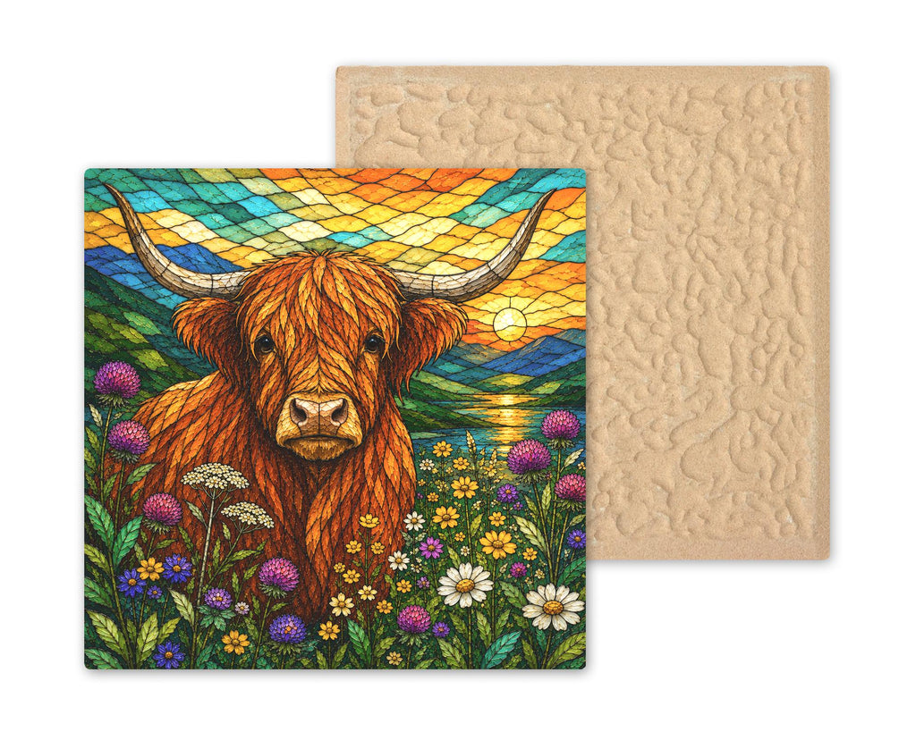 Highland Cow Ceramic Tile Stained Glass Style Scottish Sunset Loch Wildflower Meadow Farmhouse Wall Art Decor