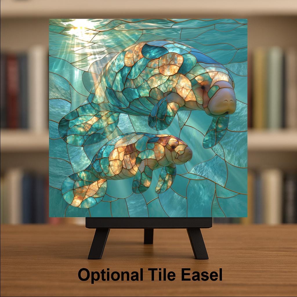 Manatee Ceramic Tile Stained Glass Style Mother and Baby Sea Cow Pair Under the Sea Nursery Ocean Wall Art Decor
