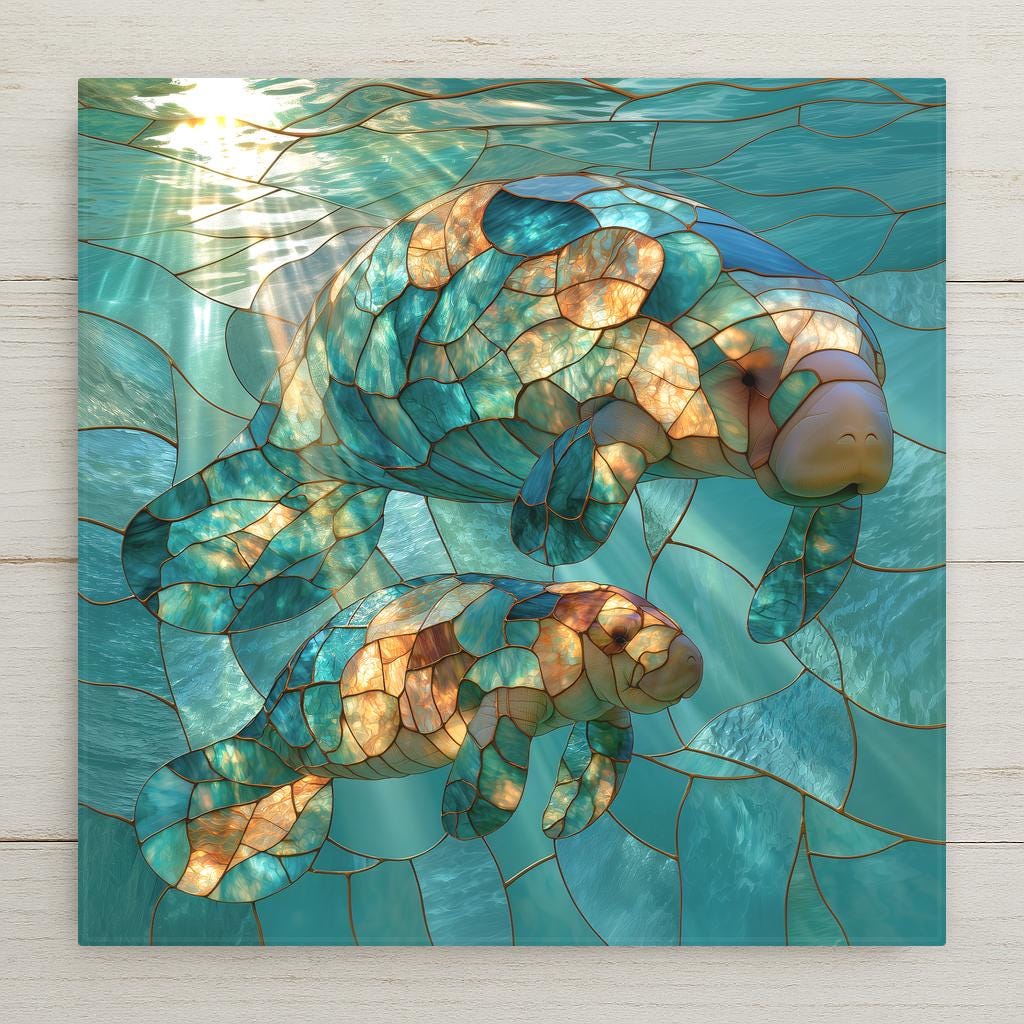 Irish Tile Style Manatee Ceramic Tile Stained Glass Style Mother and Baby Sea Cow Pair ...
