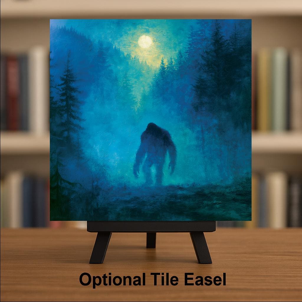 Bigfoot Ceramic Tile Sasquatch in Moonlit Foggy Forest Pacific Northwest Cryptid Night Wall Art Moody Cabin Decor