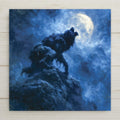 Painterly ceramic tile of a werewolf silhouette howling at a full moon from a rocky ridge on a cloudy night