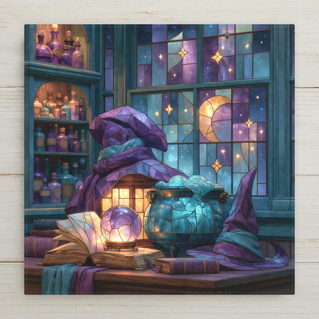 Stained glass style ceramic tile of a witchy apothecary scene with a glowing grimoire, crystal ball, bubbling cauldron, witch hat, and potion shelves before a celestial night window