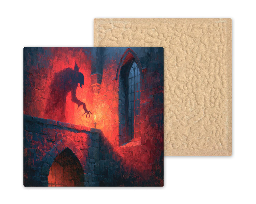 Nosferatu Ceramic Tile Vampire Shadow on Candlelit Castle Wall Painterly Gothic Horror Dark Romance Wall Art Decor