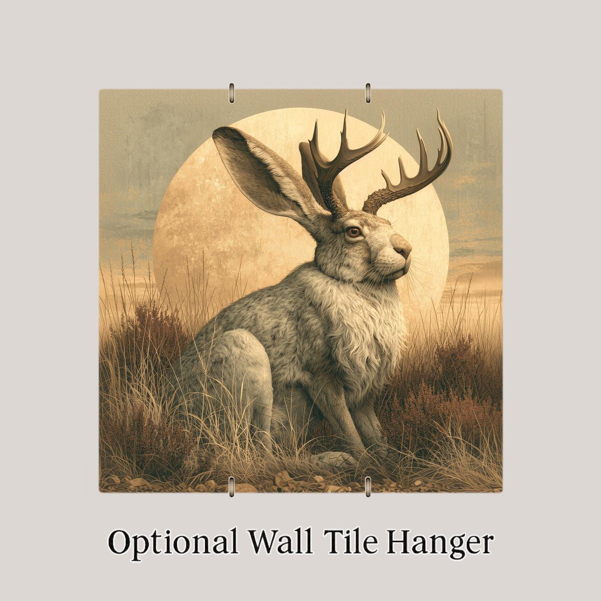 Jackalope Ceramic Tile Vintage Americana Folk Art Antlered Rabbit Golden Prairie Mythical Creature Wall Art Decor