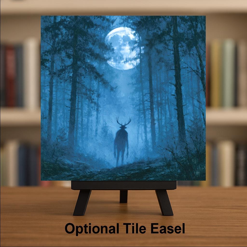 Wendigo Ceramic Tile Antlered Cryptid in Misty Appalachian Forest Full Moon Painterly Folklore Wall Art Moody Decor