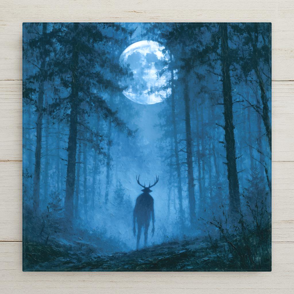 Painterly ceramic tile of a gaunt antlered wendigo silhouette in a misty Appalachian forest under a full moon