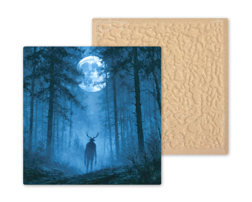Wendigo Ceramic Tile Antlered Cryptid in Misty Appalachian Forest Full Moon Painterly Folklore Wall Art Moody Decor