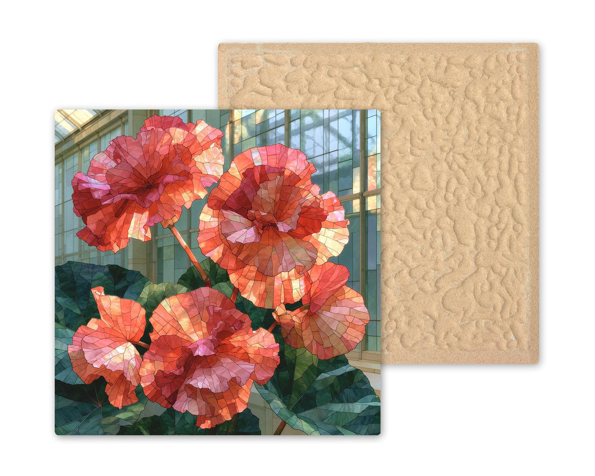 Begonia Ceramic Tile Stained Glass Style Coral Blooms in Sunlit Greenhouse Floral Wall Art Botanical Home Decor