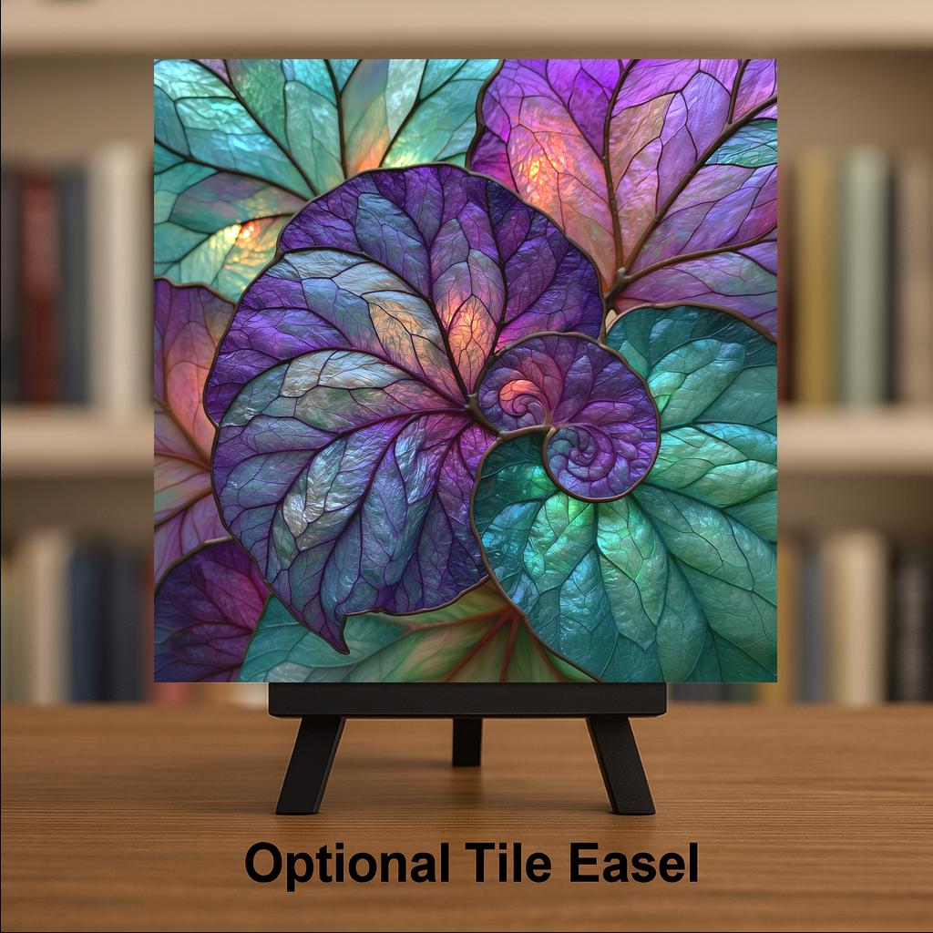 Rex Begonia Ceramic Tile Stained Glass Style Spiral Leaves Purple Teal Houseplant Lover Wall Art Botanical Decor