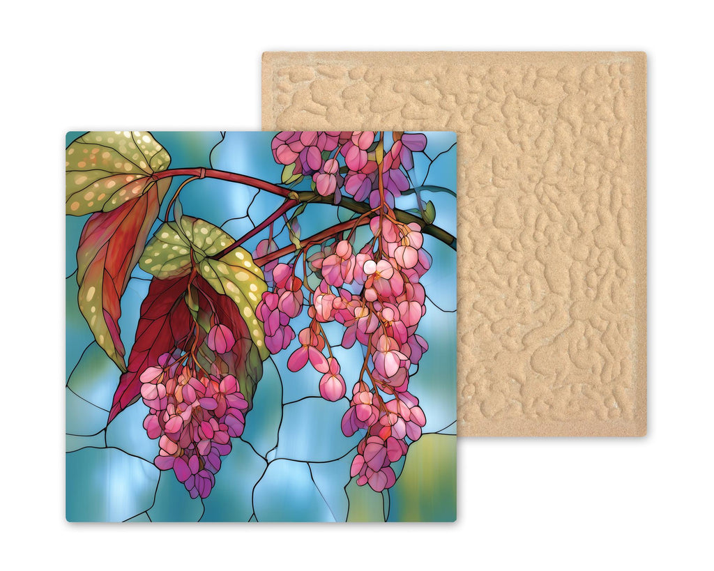 Angel Wing Begonia Ceramic Tile Stained Glass Style Pink Blossoms Polka Dot Leaves Floral Wall Art Botanical Decor