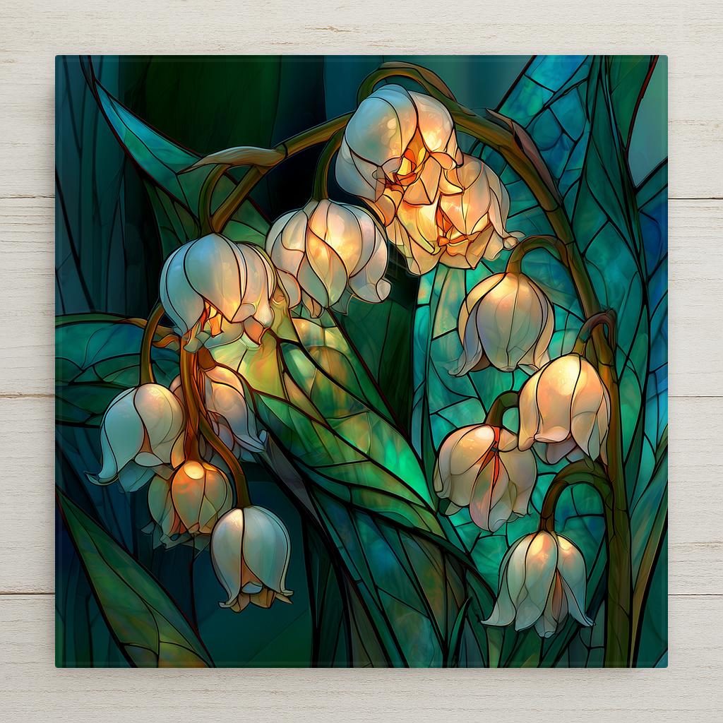 Stained glass style lily of the valley ceramic tile showing delicate white bell flowers arching on slender stems among green leaves on an emerald glass background with leading, May birth flower and sympathy wall art