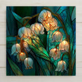 Stained glass style lily of the valley ceramic tile showing delicate white bell flowers arching on slender stems among green leaves on an emerald glass background with leading, May birth flower and sympathy wall art