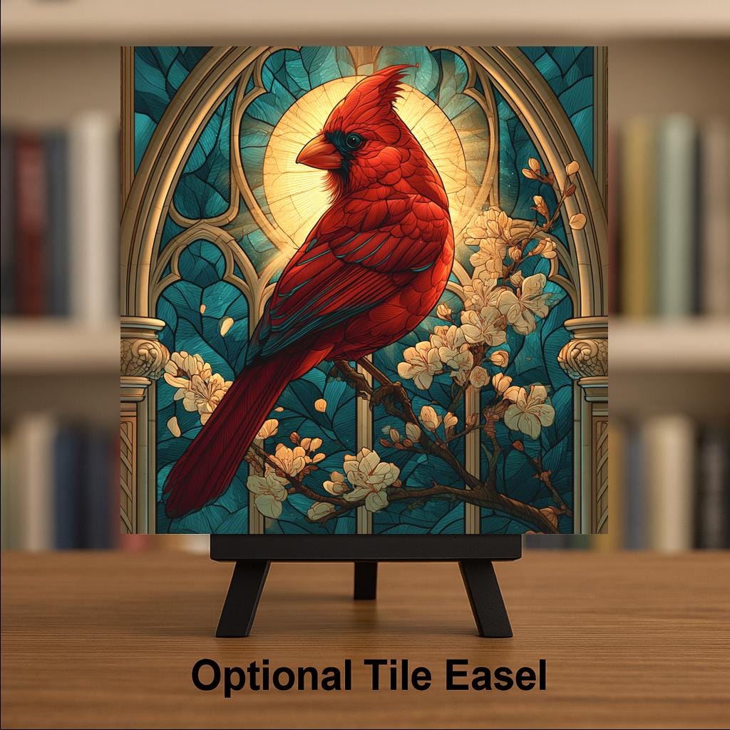 Cardinal Wall Art Ceramic Tile Stained Glass Style Memorial Bird Tile Cathedral Window Red Cardinal In Loving Memory