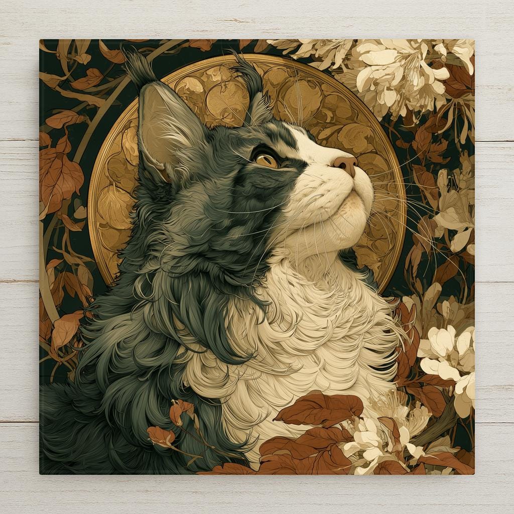 Art nouveau maine coon ceramic tile showing a majestic long-haired cat with tufted ears and full ruff gazing upward within a golden halo circle among botanical vines, cat memorial and remembrance wall art