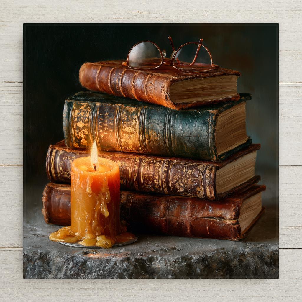Dark academia ceramic tile showing a candlelit still life of stacked antique leather books with gilded spines and reading glasses in warm chiaroscuro light, moody library and book lover wall art