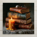 Dark academia ceramic tile showing a candlelit still life of stacked antique leather books with gilded spines and reading glasses in warm chiaroscuro light, moody library and book lover wall art