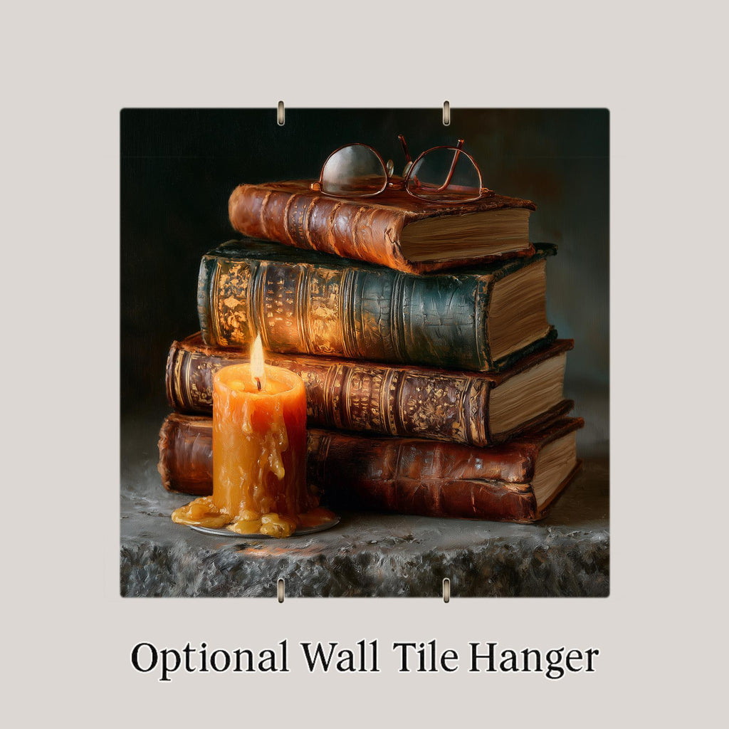 Book Lover Wall Art Ceramic Tile Dark Academia Decor Antique Books Candlelight Still Life Library Reading Nook Art