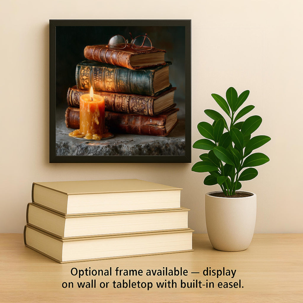 Book Lover Wall Art Ceramic Tile Dark Academia Decor Antique Books Candlelight Still Life Library Reading Nook Art