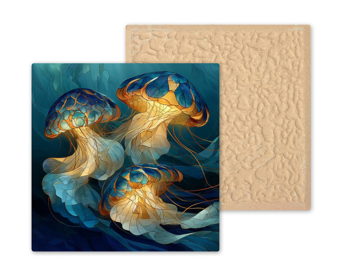 Jellyfish Wall Art Ceramic Tile Stained Glass Style Coastal Bathroom Decor Glowing Jellyfish Tile Ocean Nature Art