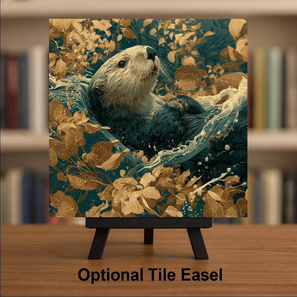 Otter Wall Art Ceramic Tile Art Nouveau Coastal Decor Sea Otter in Kelp Tile Pacific Northwest Art Ocean Nature Art