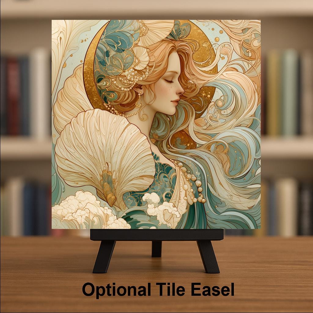 Aphrodite Wall Art Ceramic Tile Art Nouveau Greek Mythology Decor Goddess of Love Seashell Tile Romantic Wall Art