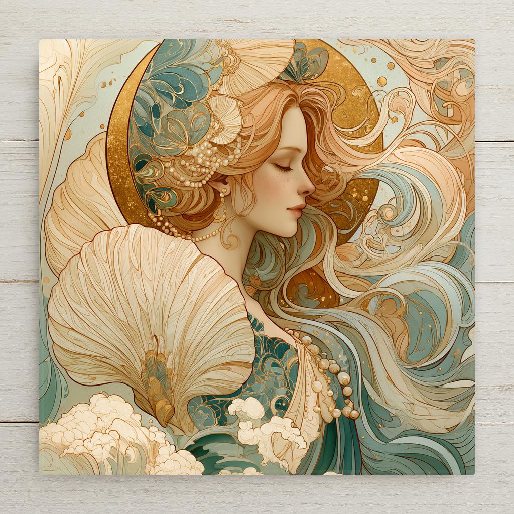 Art nouveau Aphrodite ceramic tile showing the greek goddess of love rising from a scallop seashell with pearl-adorned hair within a golden halo over sea foam, romantic mythology wall art