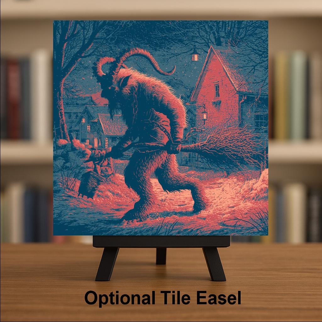 Krampus Ceramic Tile Vintage Krampusnacht Yule Folklore Horned Winter Spirit Gothic Christmas Wall Art Holiday Decor