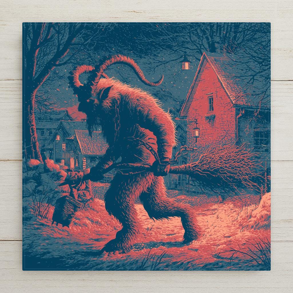 Vintage krampusnacht style ceramic tile of Krampus the horned yule spirit with birch switches striding through a snowy village at night in red and blue duotone