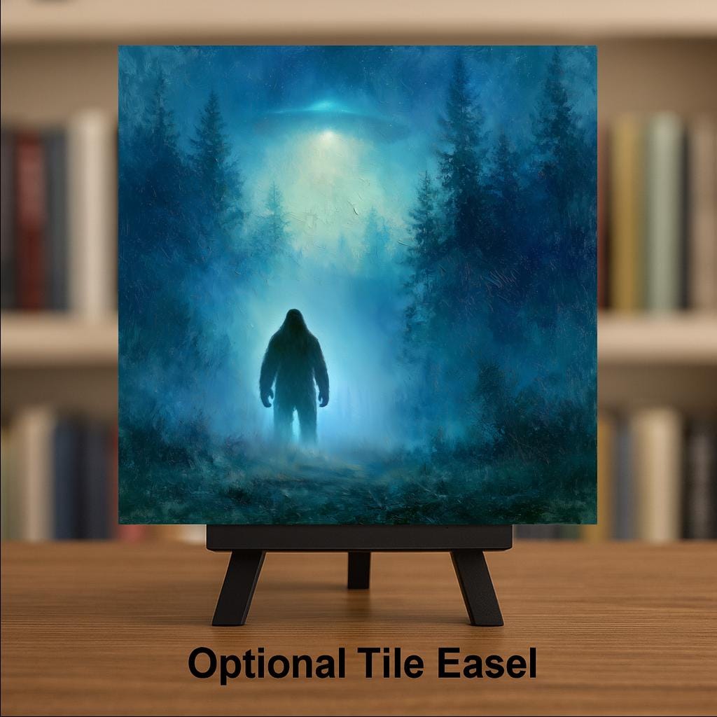 Sasquatch Ceramic Tile Bigfoot Close Encounter UFO Over Misty Forest Pacific Northwest Painterly Wall Art Cryptid Decor