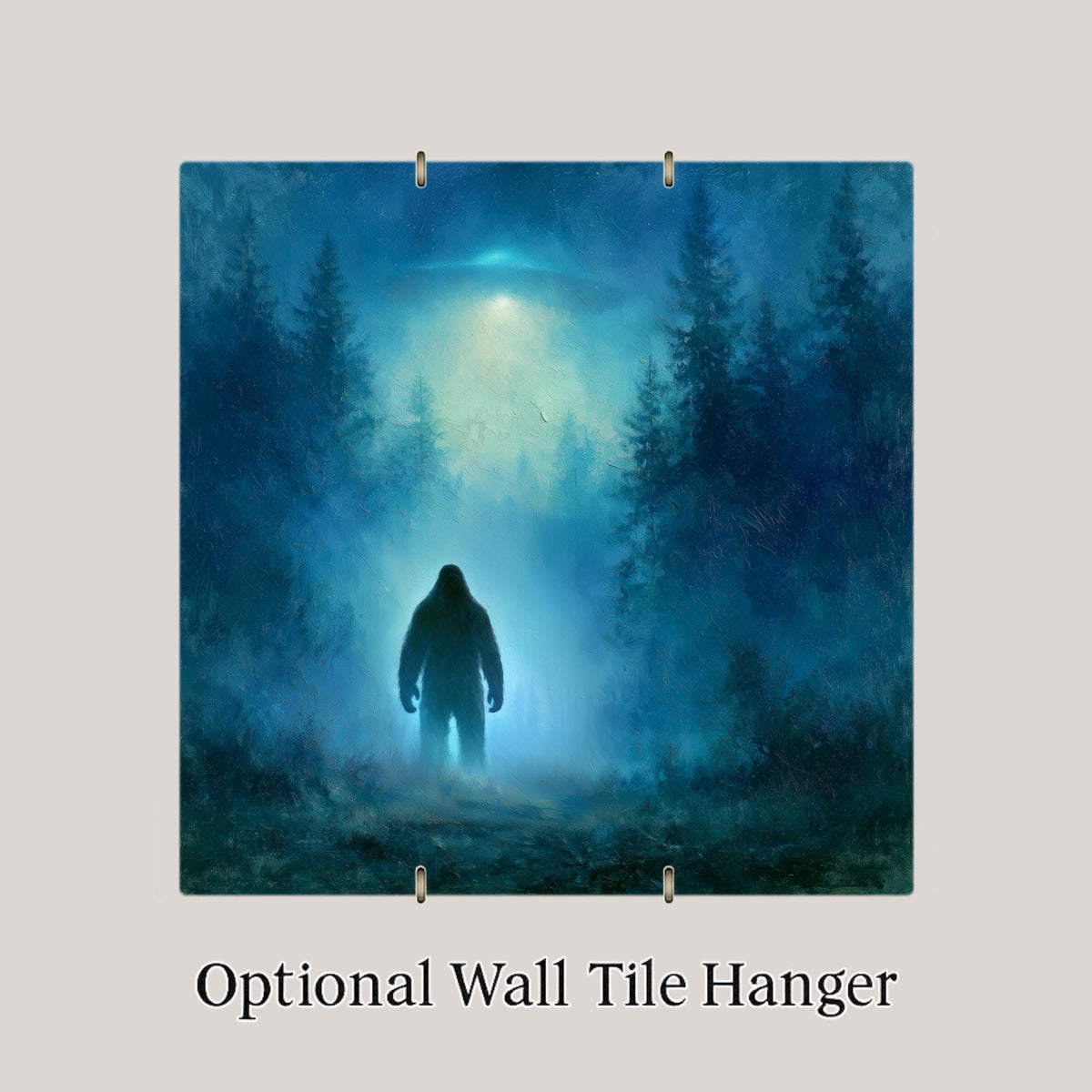 Sasquatch Ceramic Tile Bigfoot Close Encounter UFO Over Misty Forest Pacific Northwest Painterly Wall Art Cryptid Decor