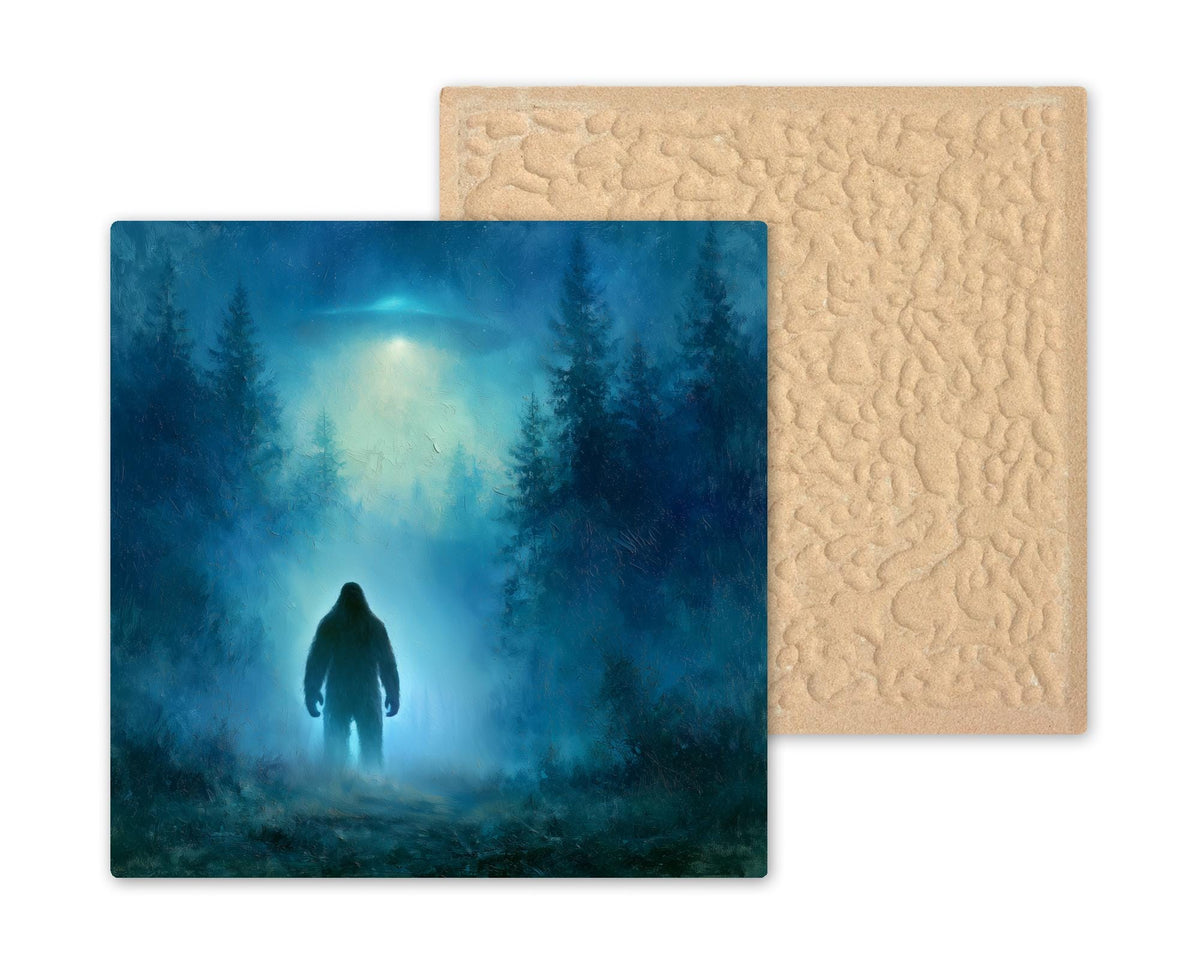 Sasquatch Ceramic Tile Bigfoot Close Encounter UFO Over Misty Forest Pacific Northwest Painterly Wall Art Cryptid Decor